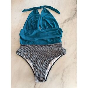 Beachsissi Womens Teal‎ Blue Striped Halter One Piece Swimsuit Size Large
